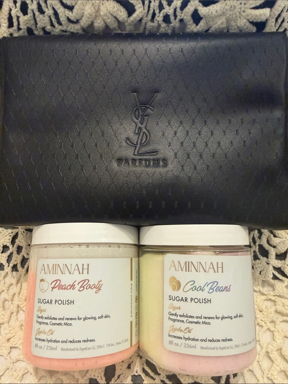 Aminnah Peach Booty & Cool Beans Sugar Polish Duo with YSL Toiletry Bag